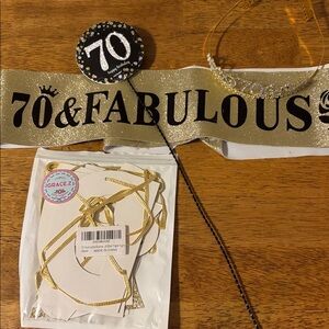 Turning “70” Gold Glitter Banner, crown, birthday stick, hanging paper sign